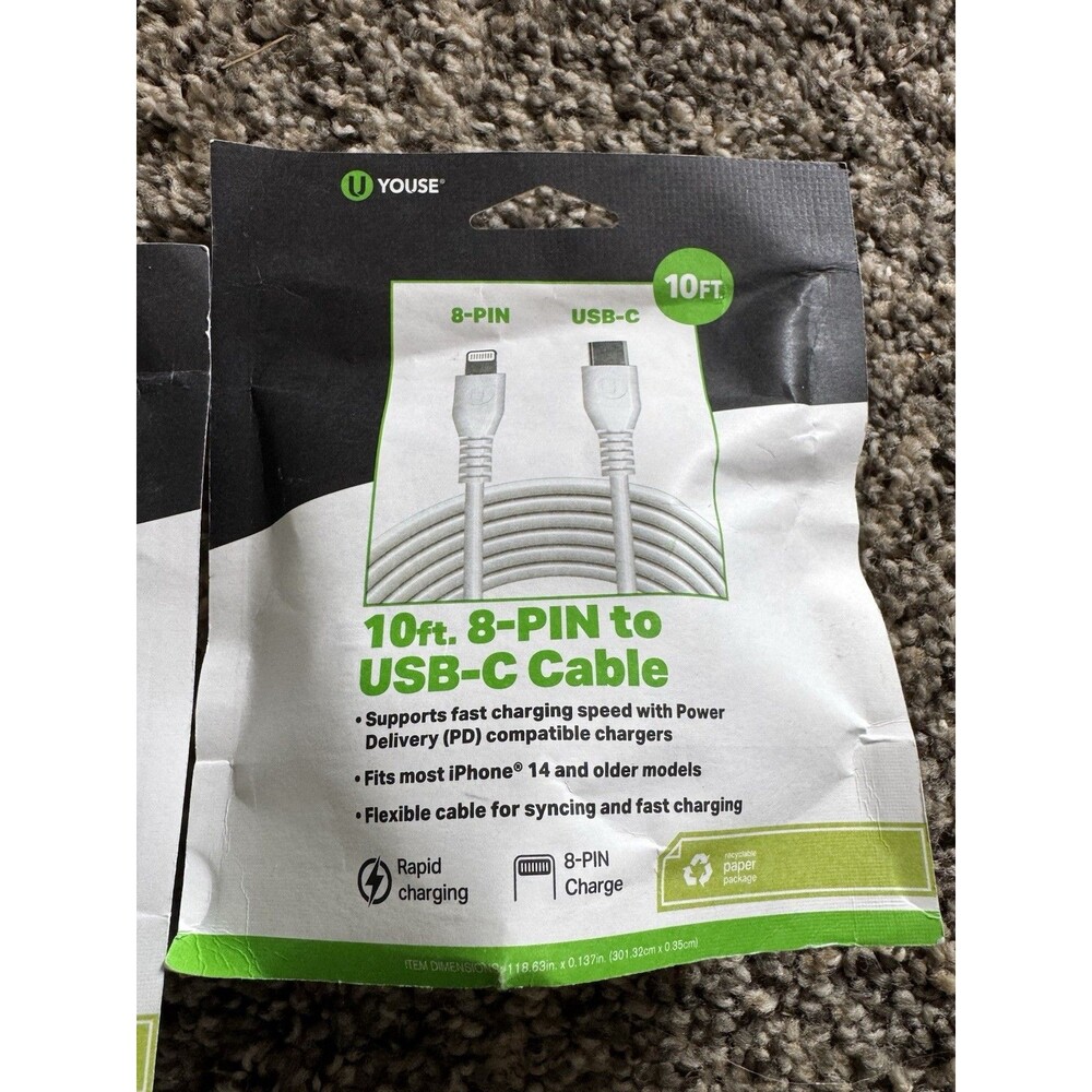 Qty 30 Bulk-Youse 10ft 8-Pin to USB-C Fast Charge , for iphone 14 or older